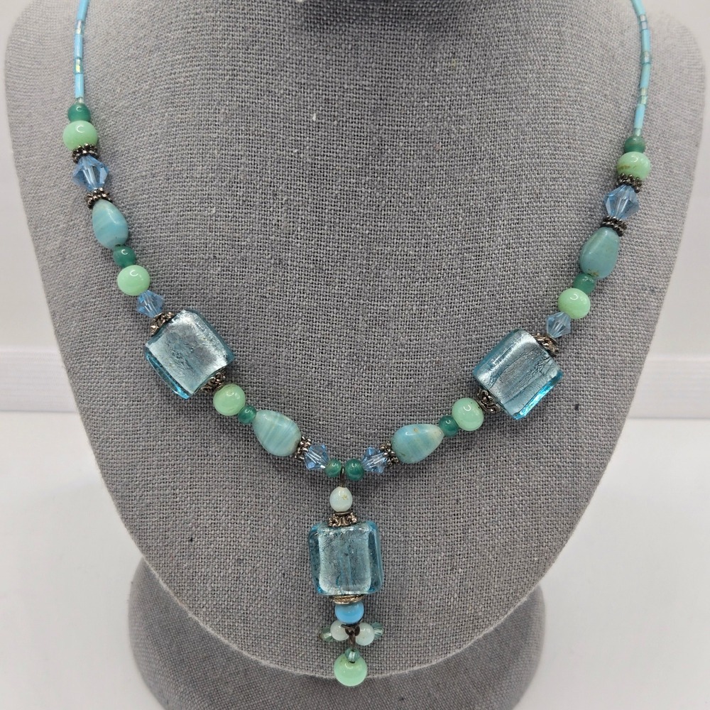 Unica Y-Necklace Womens 16in Blue Green Dichroic Glass Beaded Square Charm Aqua